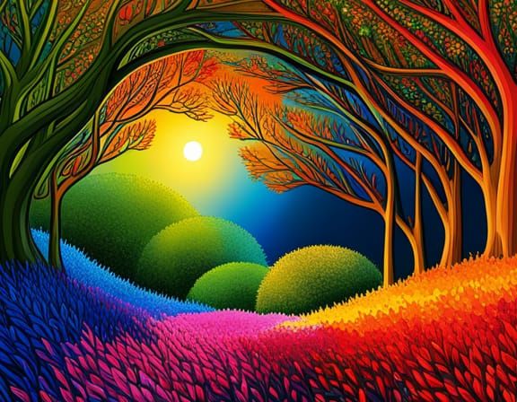 Four Seasons Magical Tree Garden in Pop Art Style