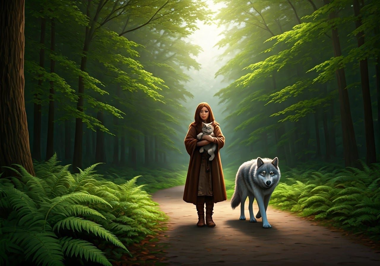 Woman Walks Along Forest Path with Wolf Cub