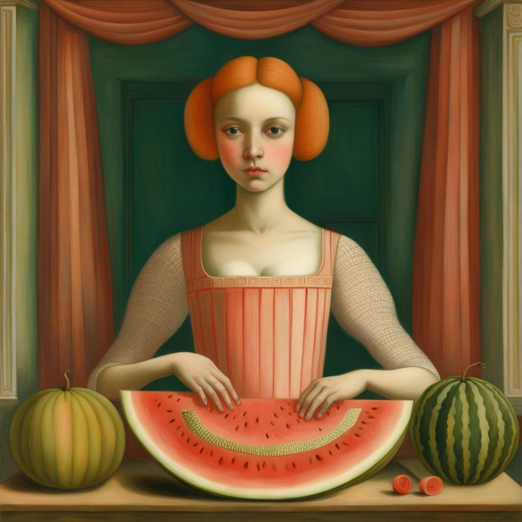 Surreal Watermelon Woman Portrait in Dreamlike Style
