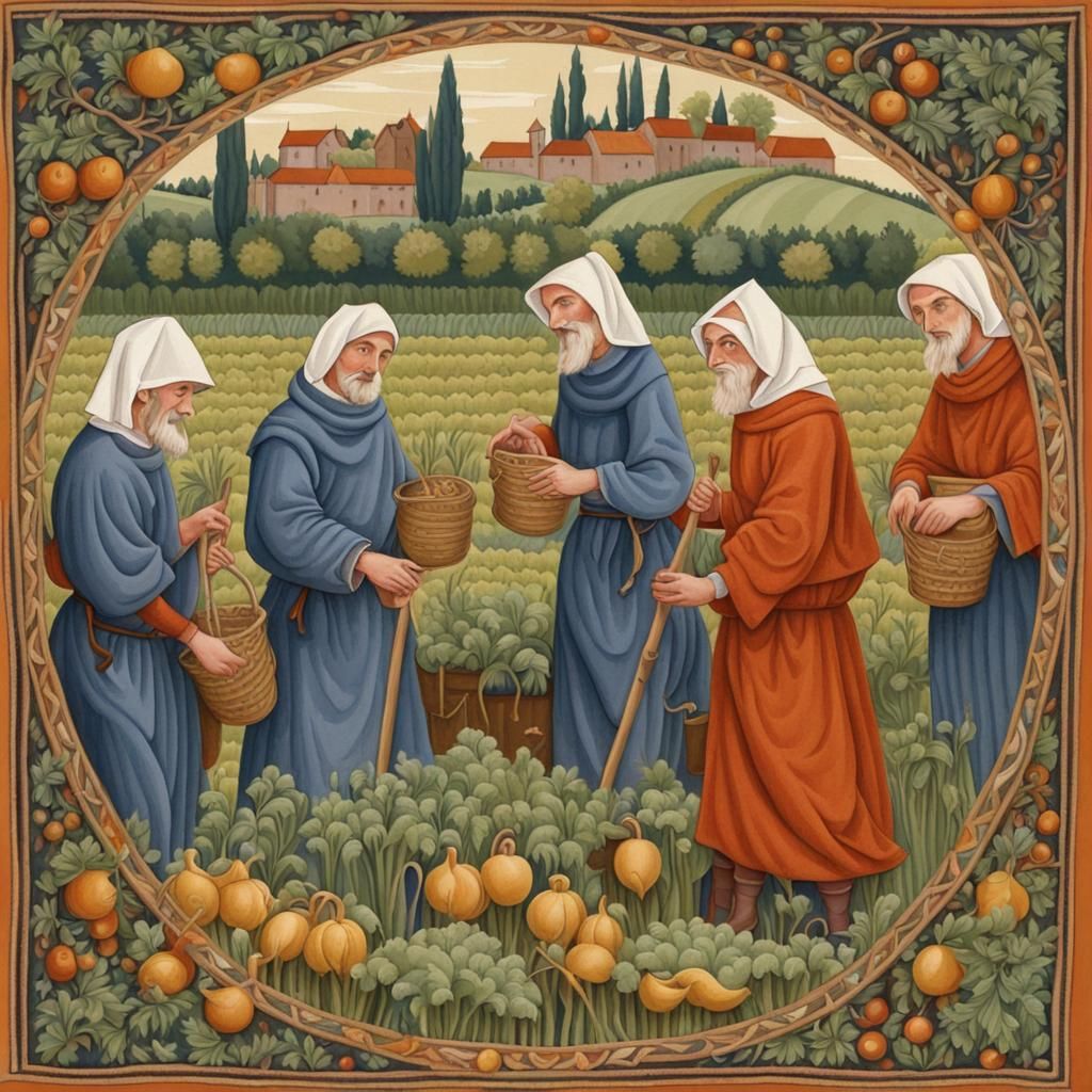 Medieval Monks Farming in Tapestry Style