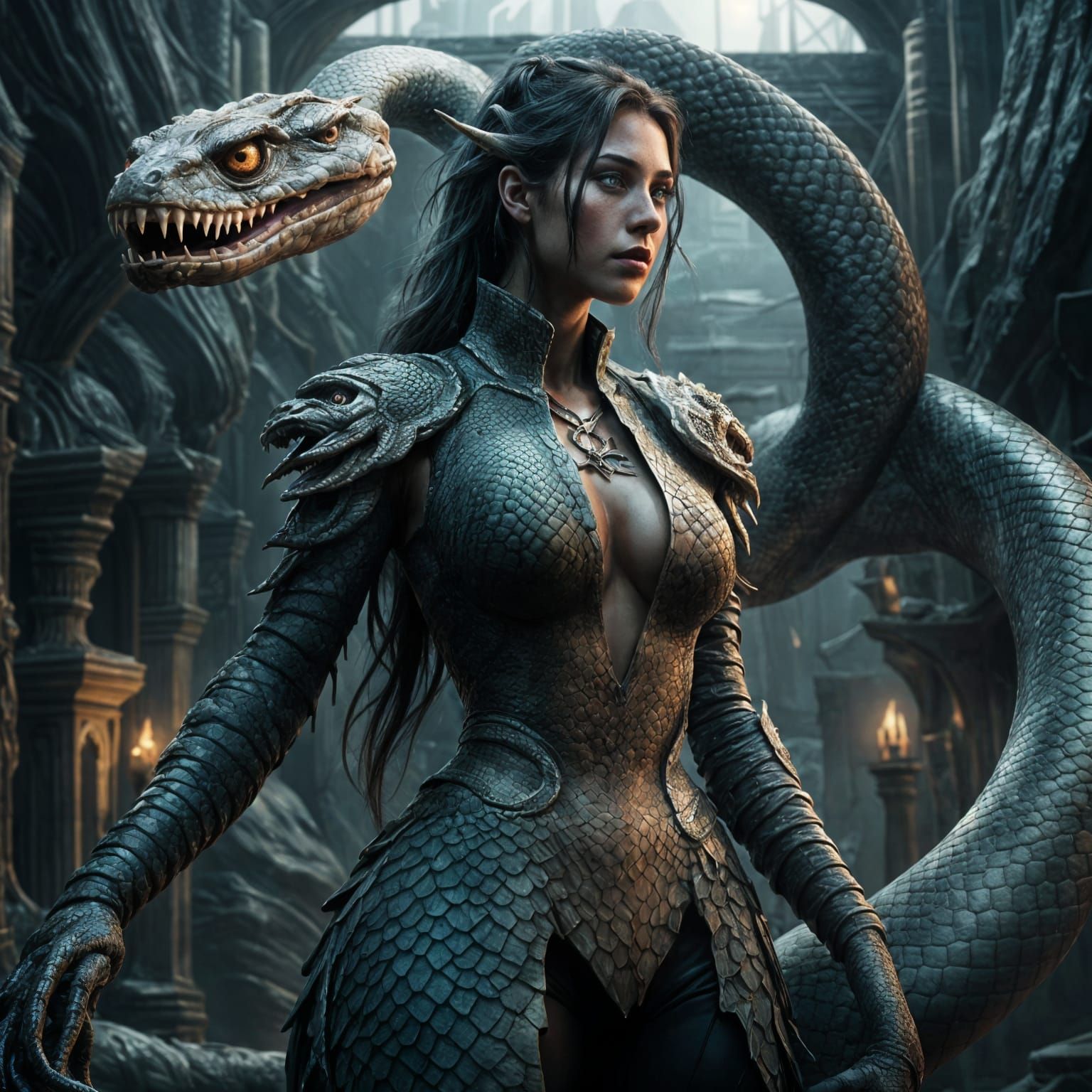 Detailed Snake Monster Girl in Digital Matte Painting