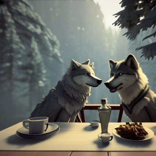 Man and Wolf Tea Party in Gothic Surrealism