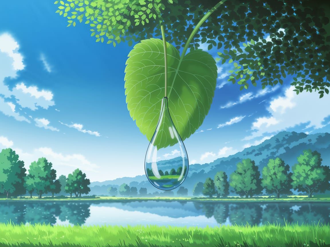 Vibrant Leaf Reflects Serene Landscape