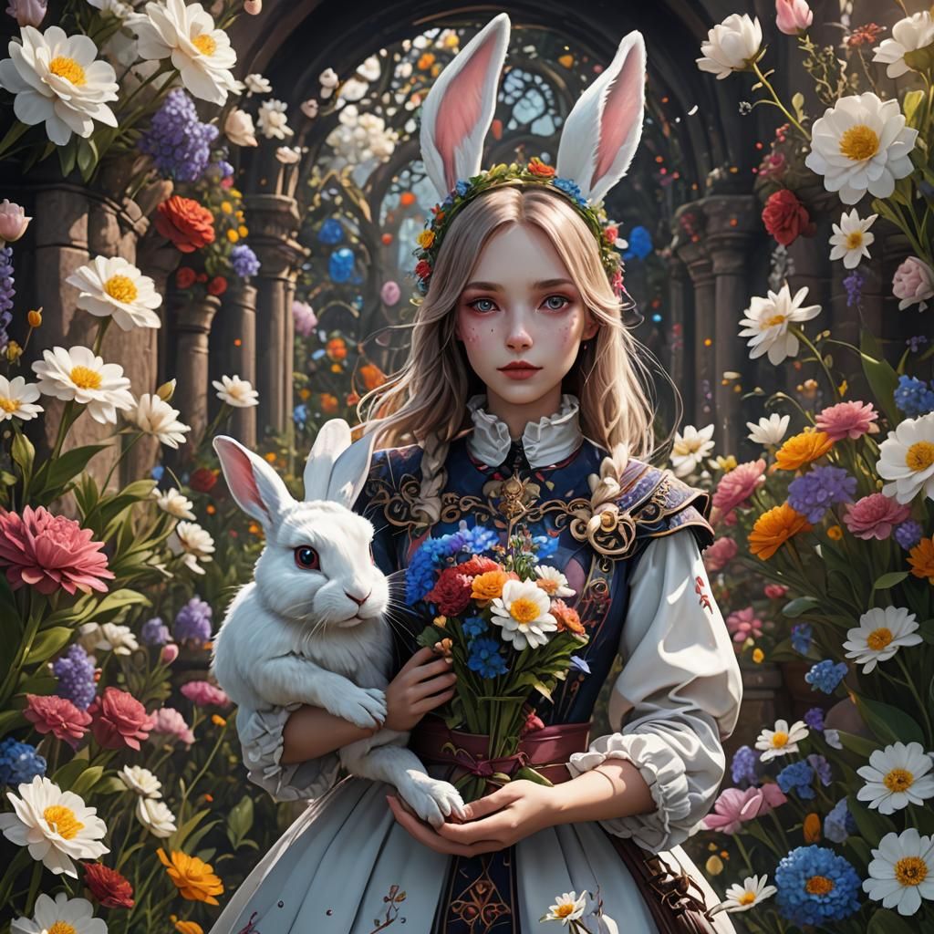 White rabbit in girl’s hands with flowers