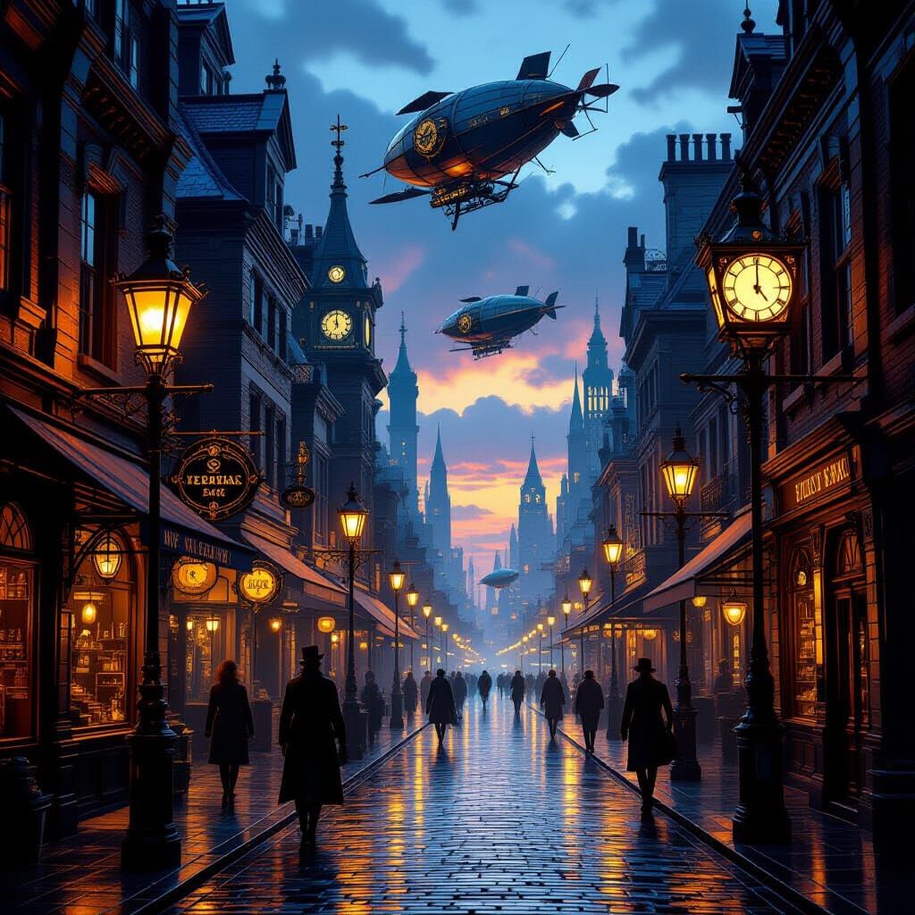 Steampunk City Street at Dusk with Airships