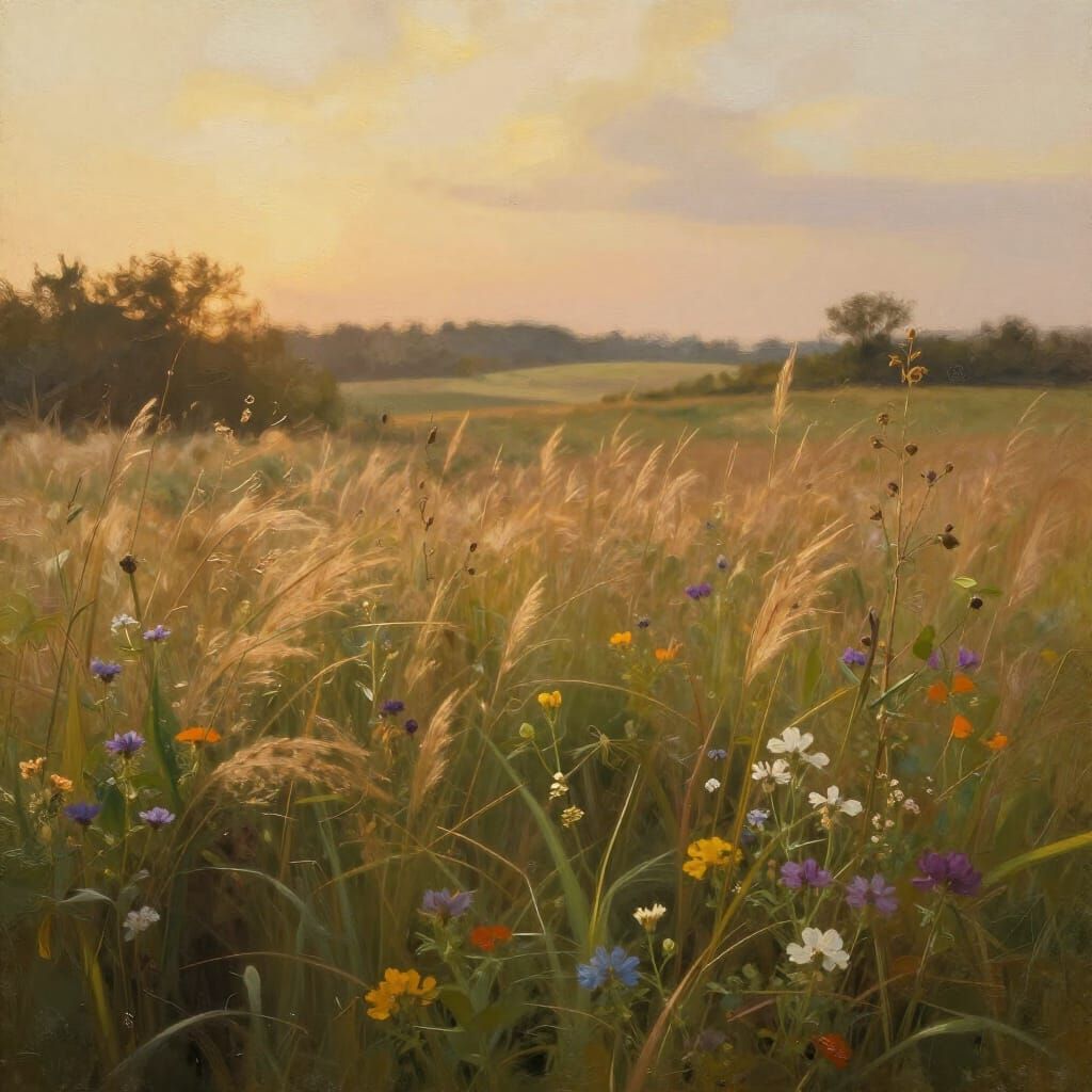 Golden Hour Pastoral Fields in Romantic Painterly Style