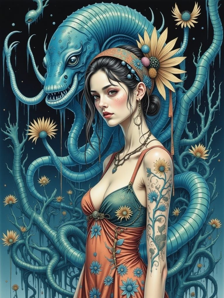 Woman in Floral Headscarf by Etruscan Oarfish Statue