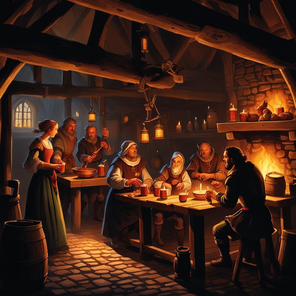 Medieval Tavern Scene: Beautiful Server Surrounded by Starin...
