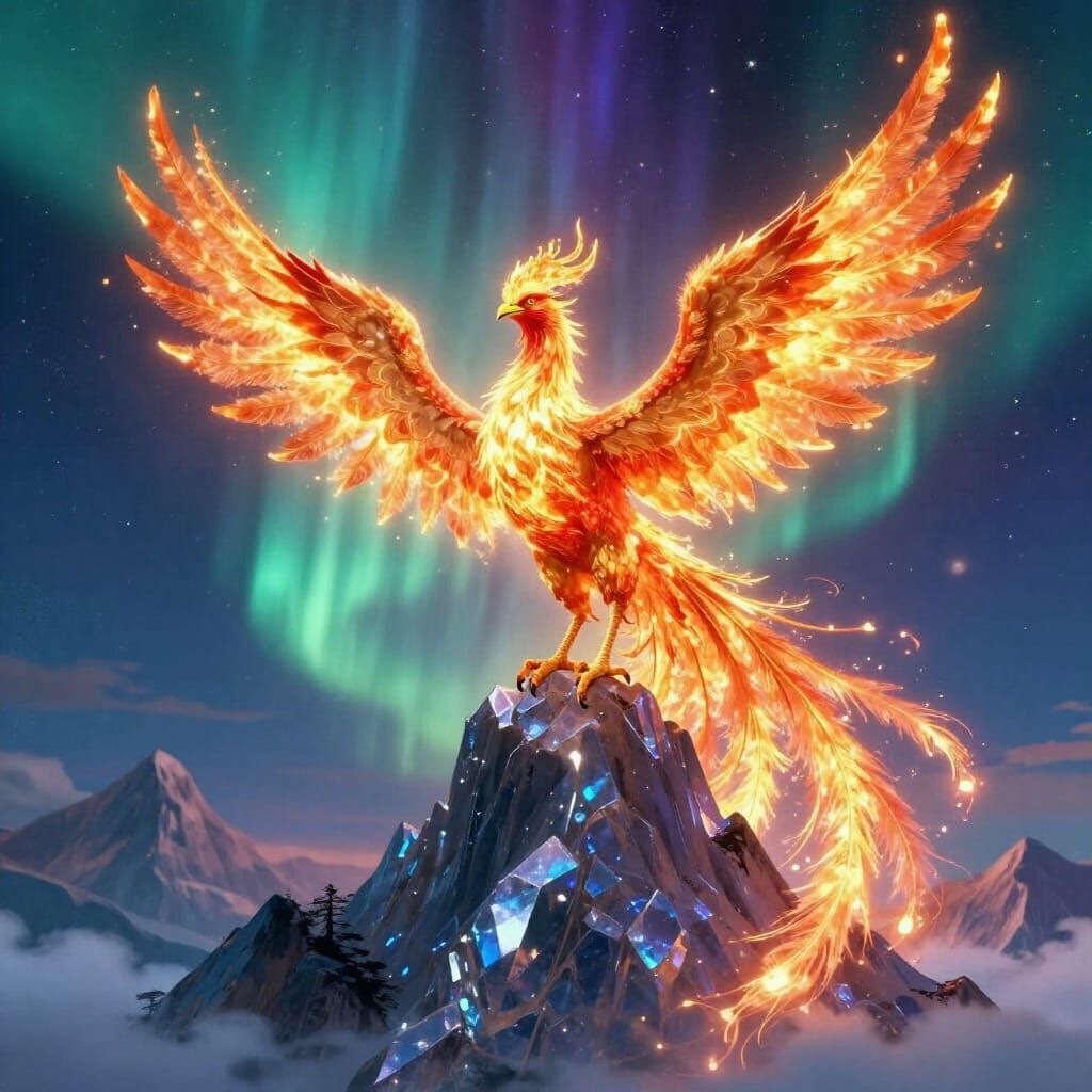 Majestic Phoenix on Crystalline Peak Under Aurora Borealis