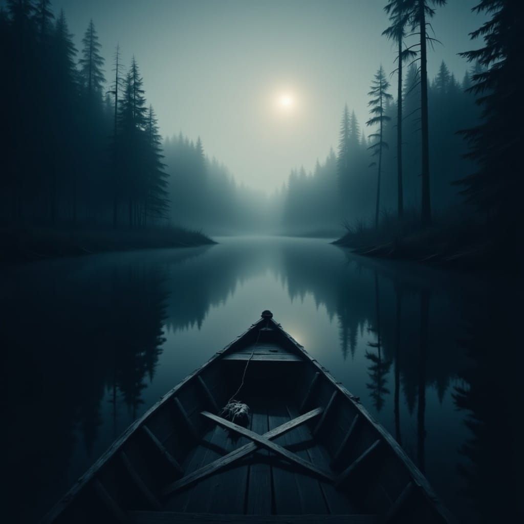 Alone on a Spooky Lake in Dark Art Style