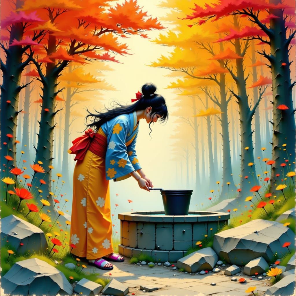 Kimono Woman at Well in Ghibli Watercolor Style
