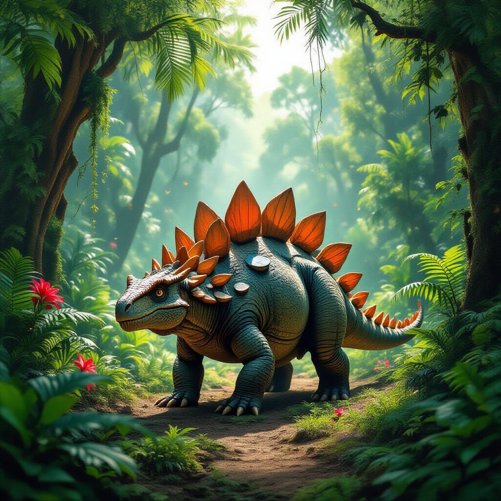 Lone Stegosaurus in Lush Prehistoric Jungle