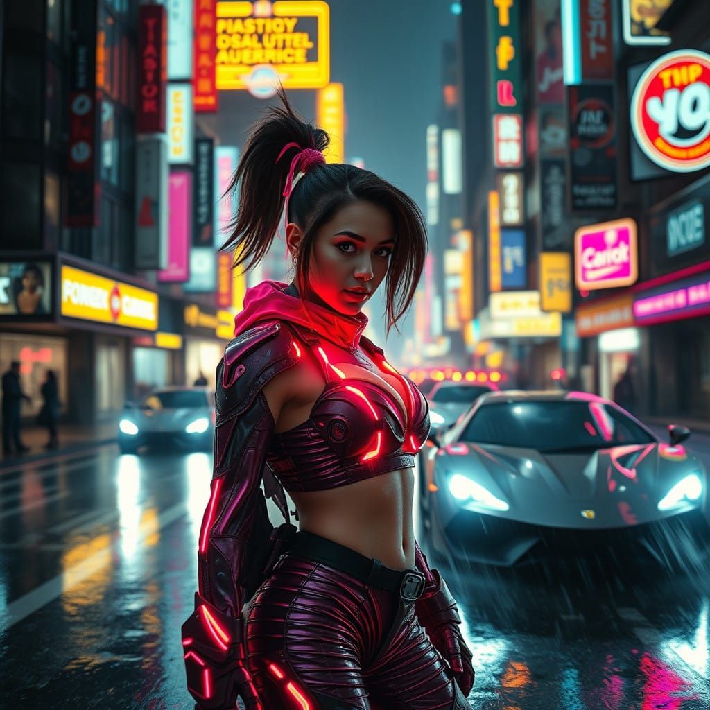 Rebellious Cyberpunk Girl in Stormy Cityscape