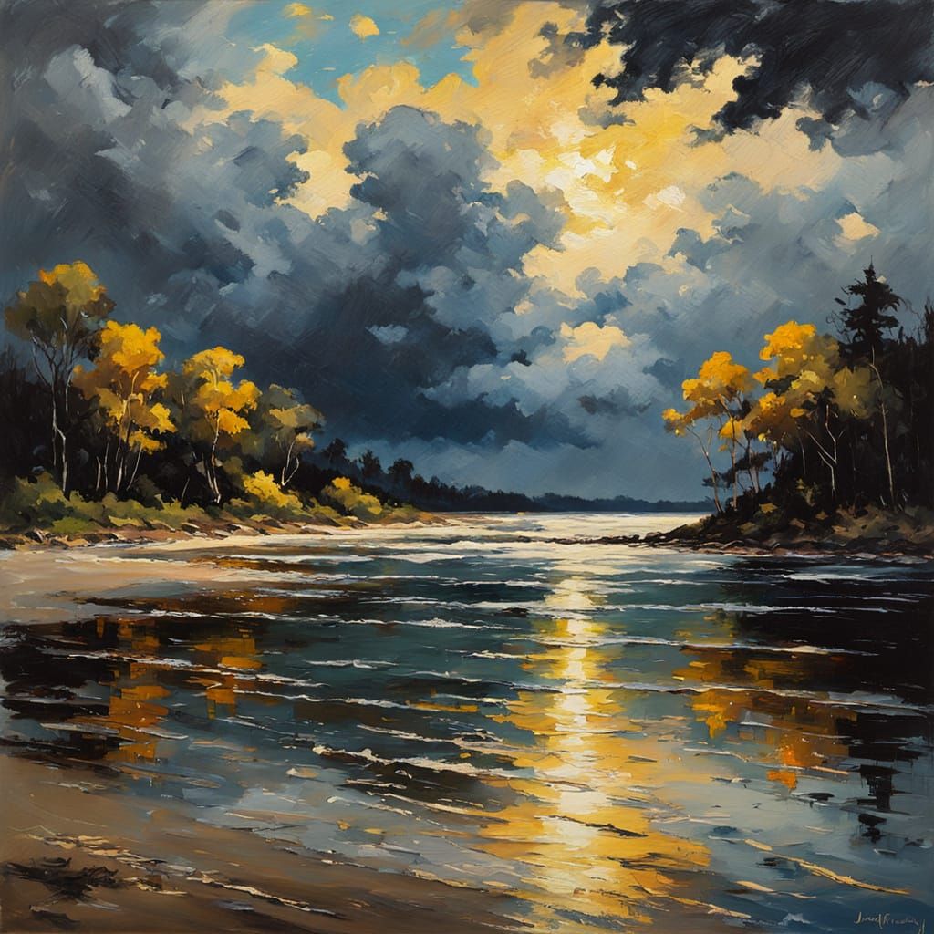 Dramatic Wooded Shore Landscape in Impressionist Style