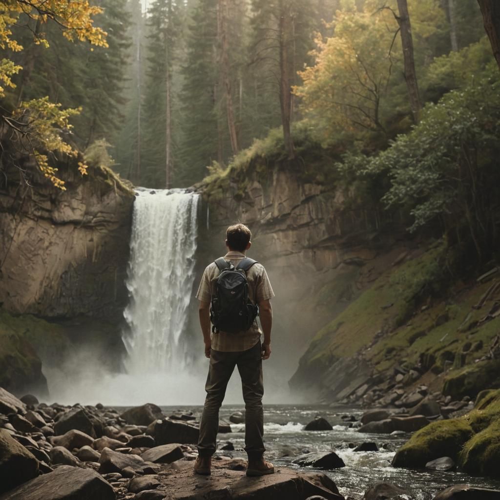 Mountain Waterfall Scene in Earthy Tones