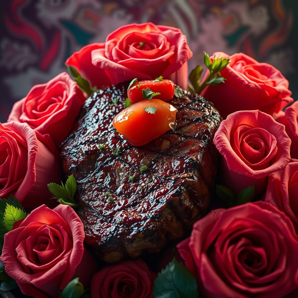 Hyperrealistic Sizzling Steak Surrounded by Roses