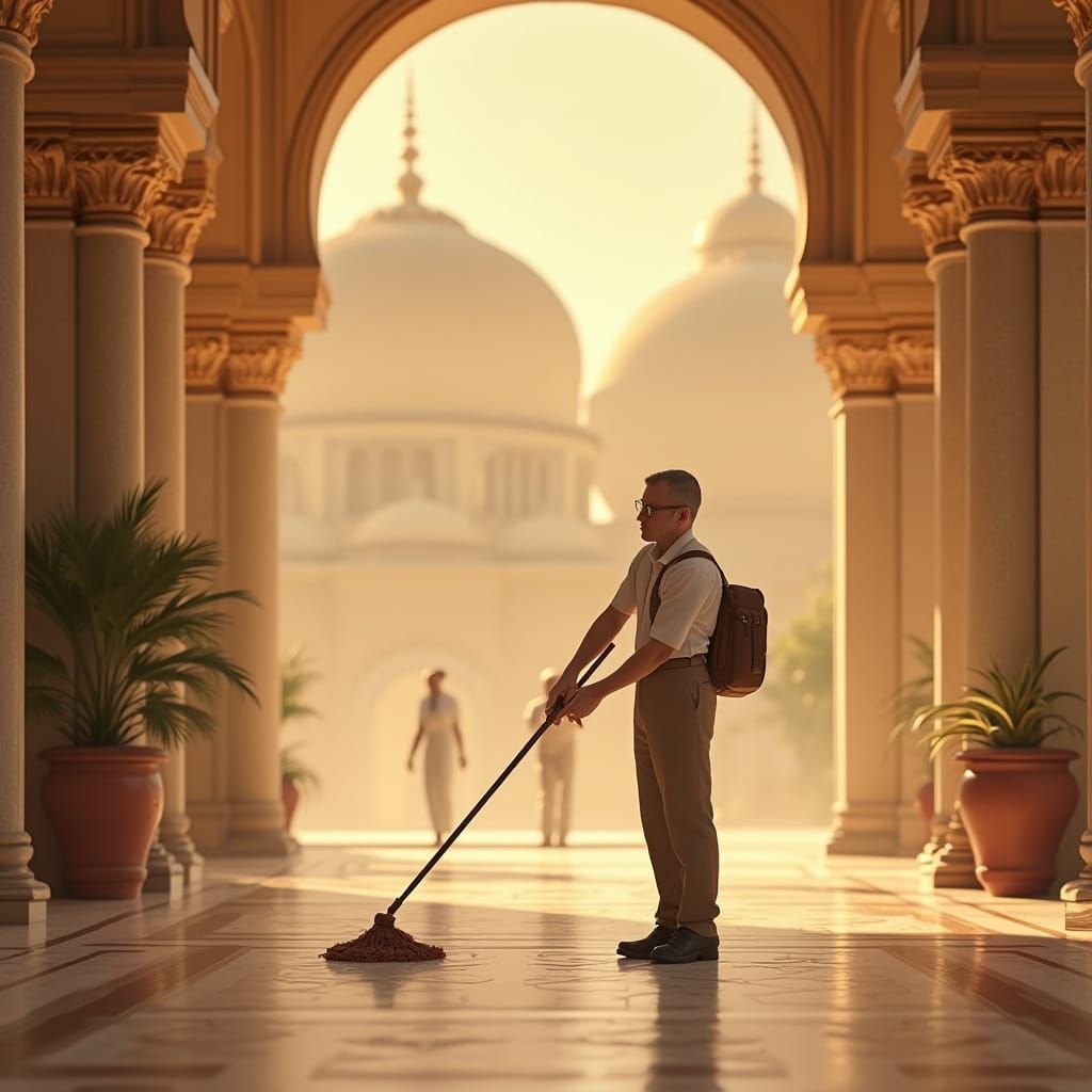 Omani Hotel Cleaner in Futuristic Architectural Style