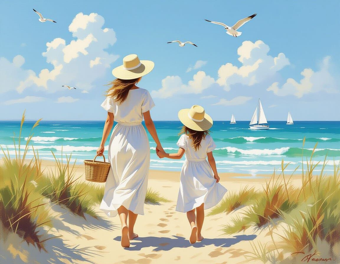 Mother and Daughter Beach Walk in Impressionistic Style