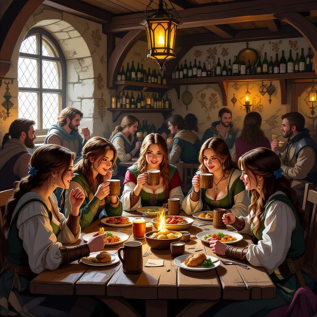 Medieval Tavern Scene: Women Chatting and Dining
