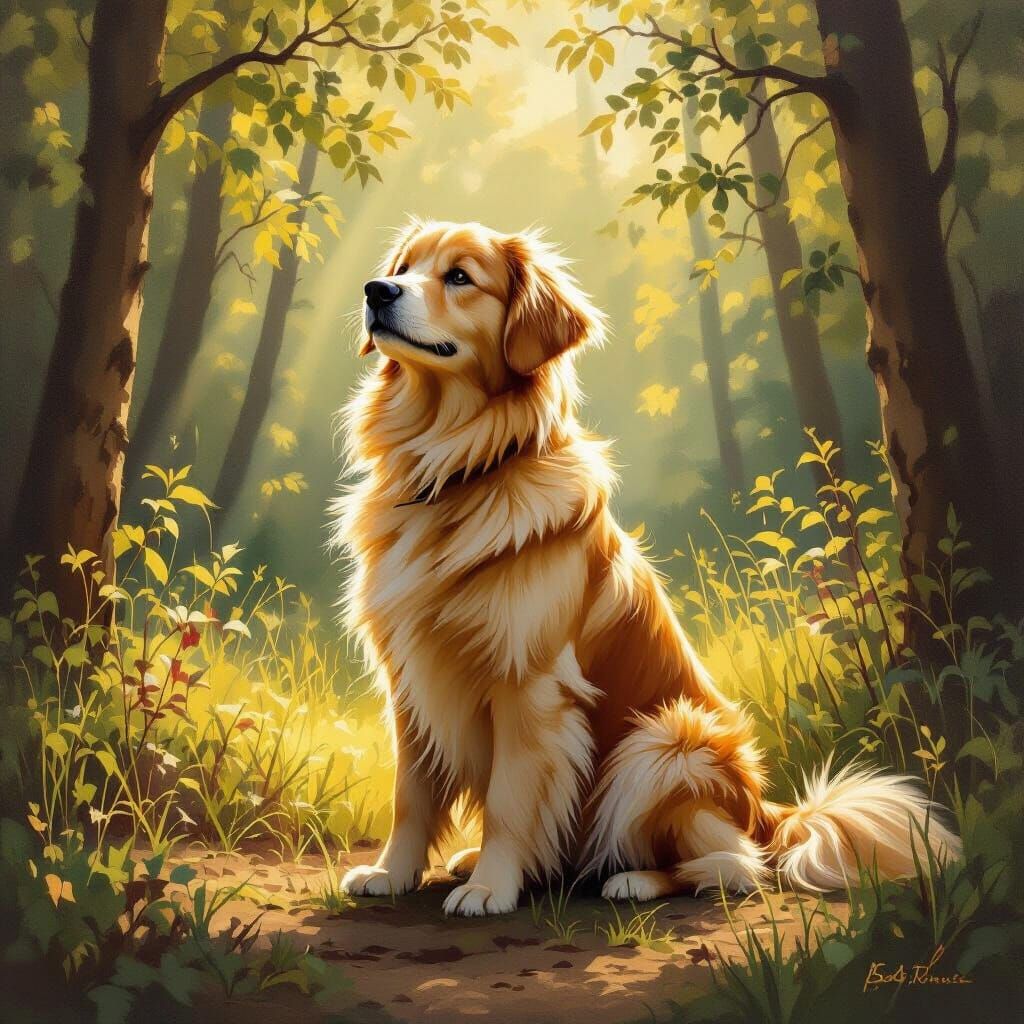 Golden Retriever in Sunlit Forest, Oil Painting Style