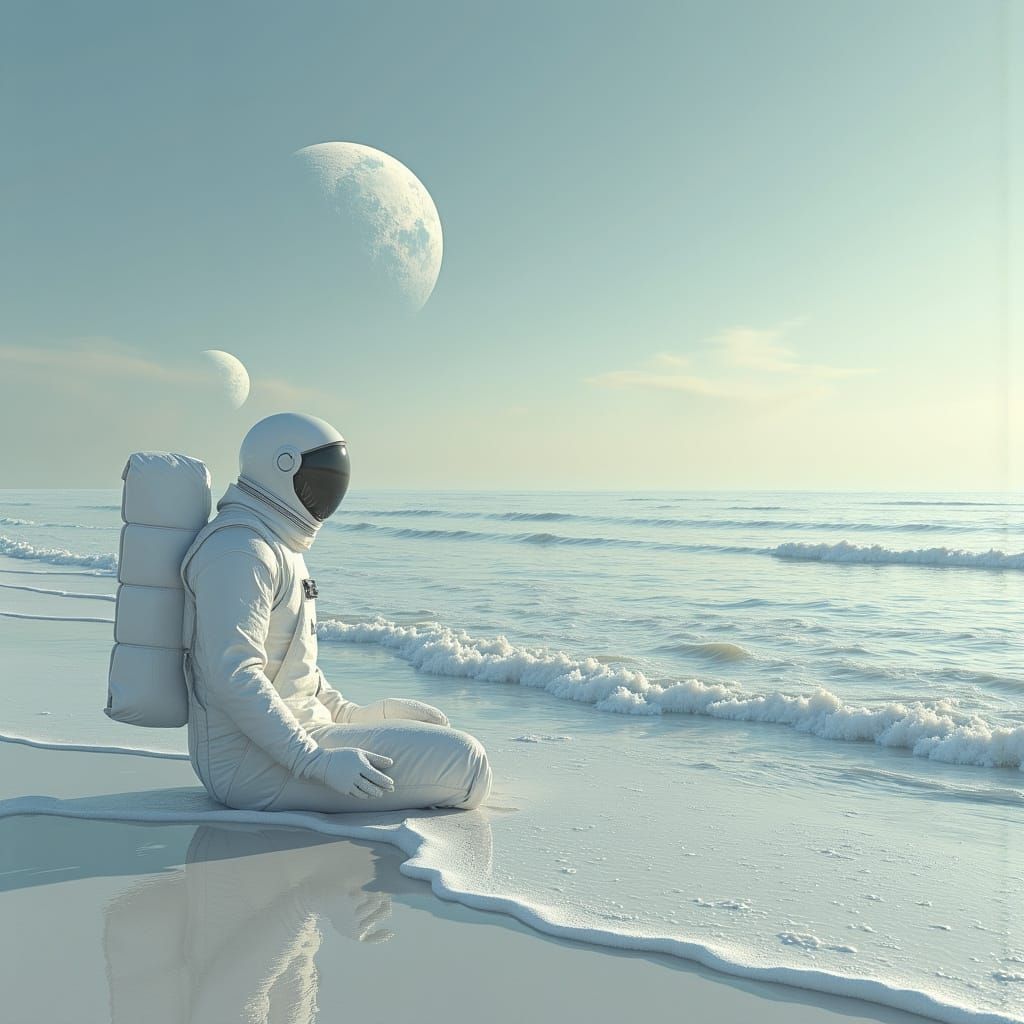 Astronaut Finds Peace on Alien Beach Under Two Moons