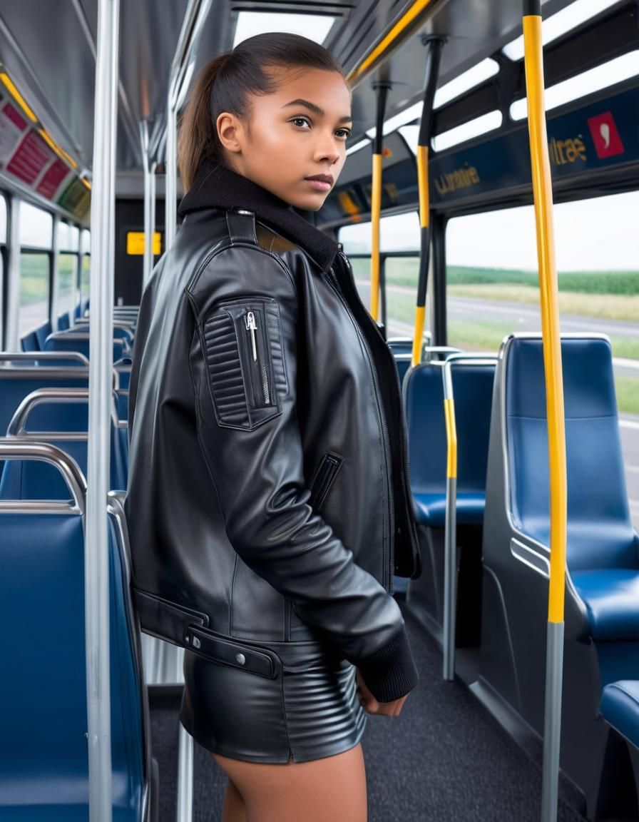 Black hard rock woman leather in bus