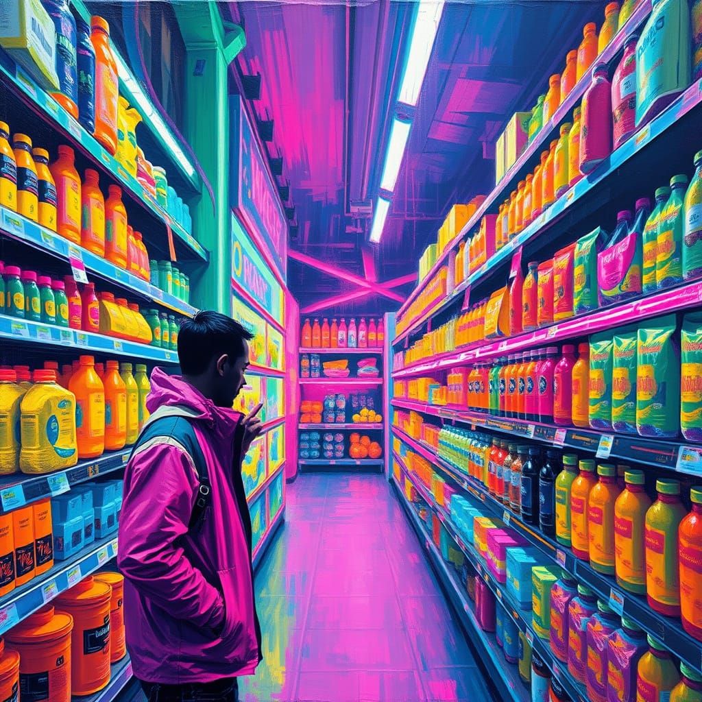 Neon Dreams in a Cyberpunk Supermarket