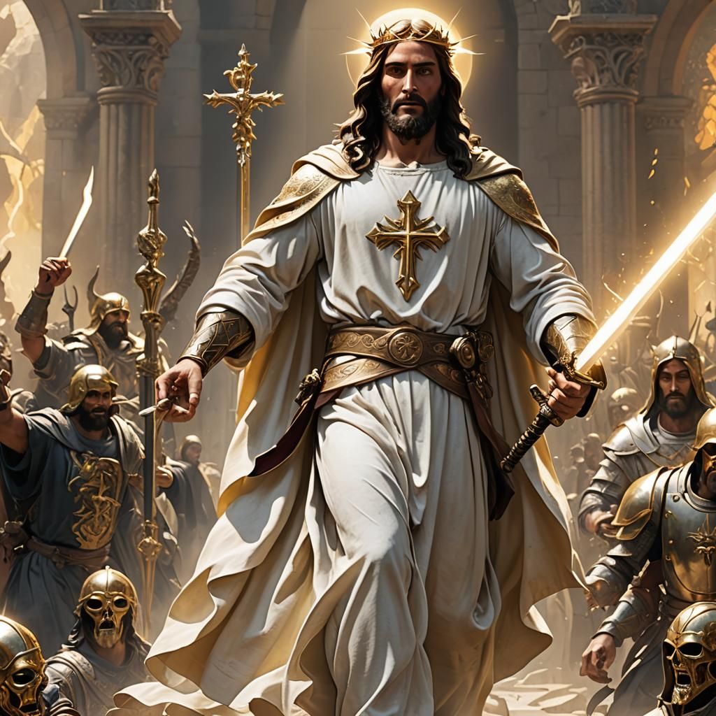 Jesus Christ Battles Devil with Sword of Light