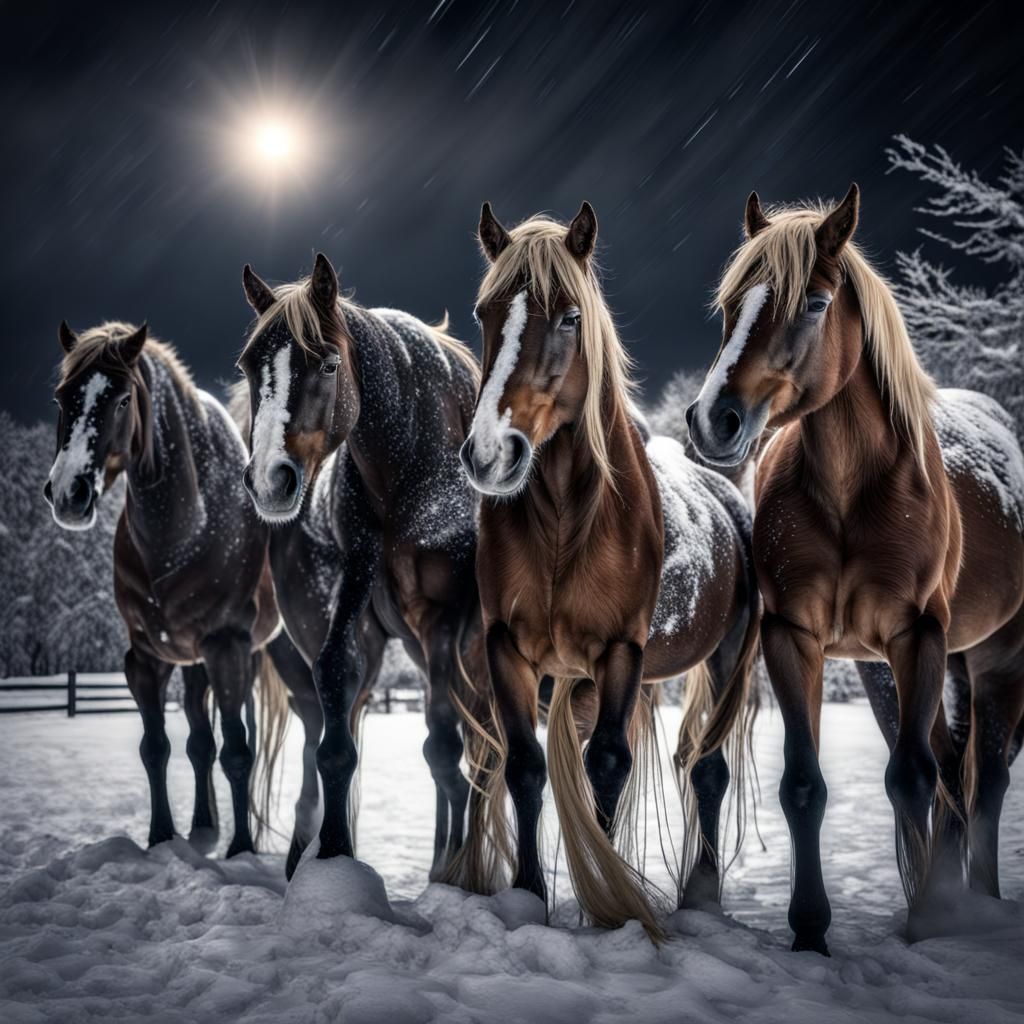 Horses in Snowy Night Landscape