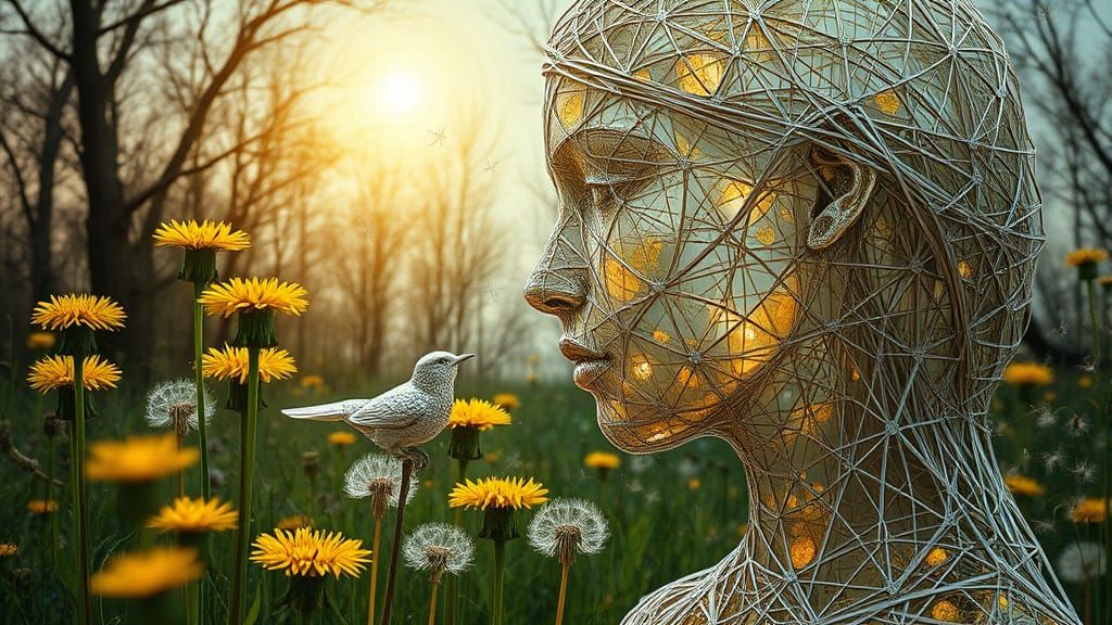 Ethereal String Woman Kissing Bird in Garden: Bio-Art