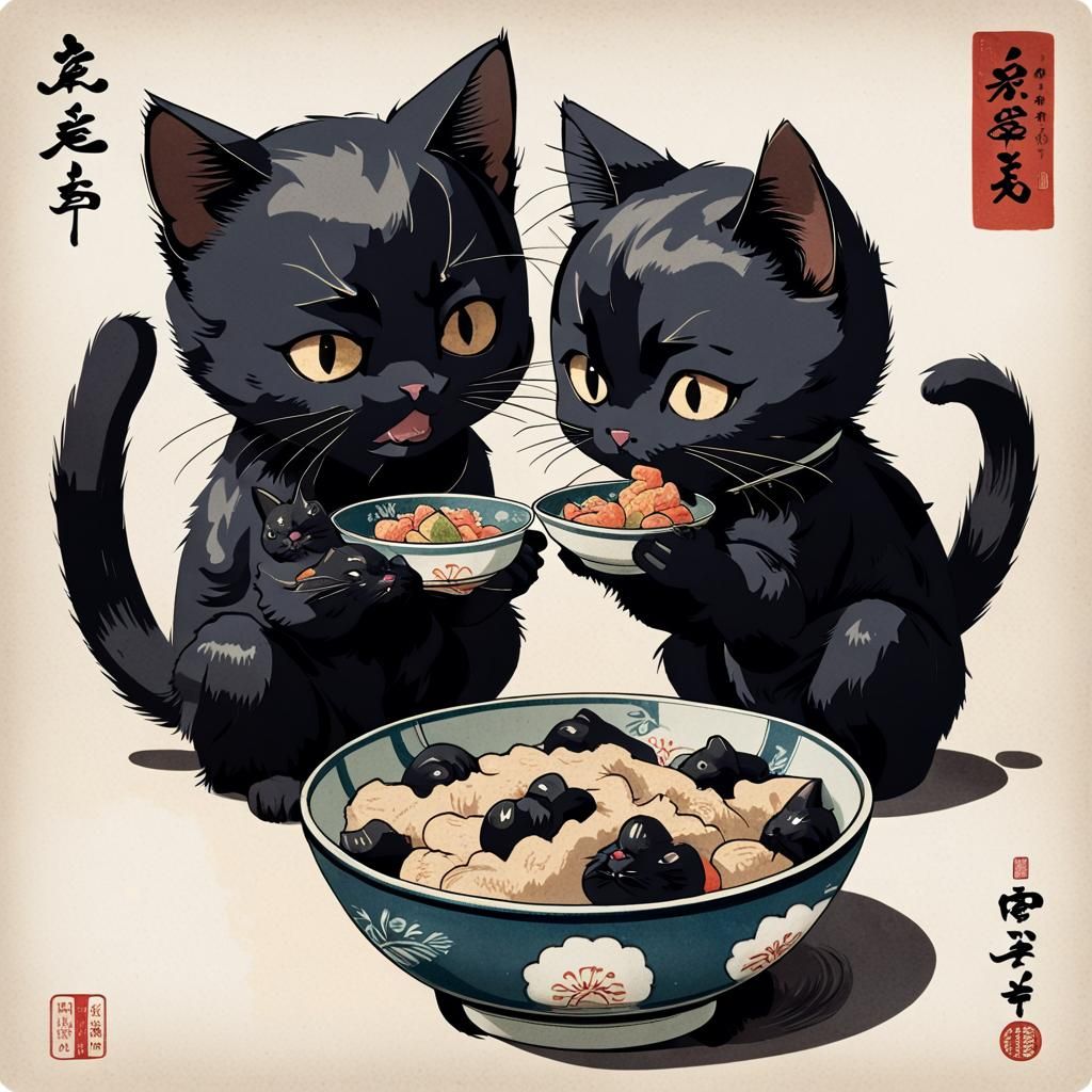 Two Black Cat Chibi Eating: Ukiyo-e Style