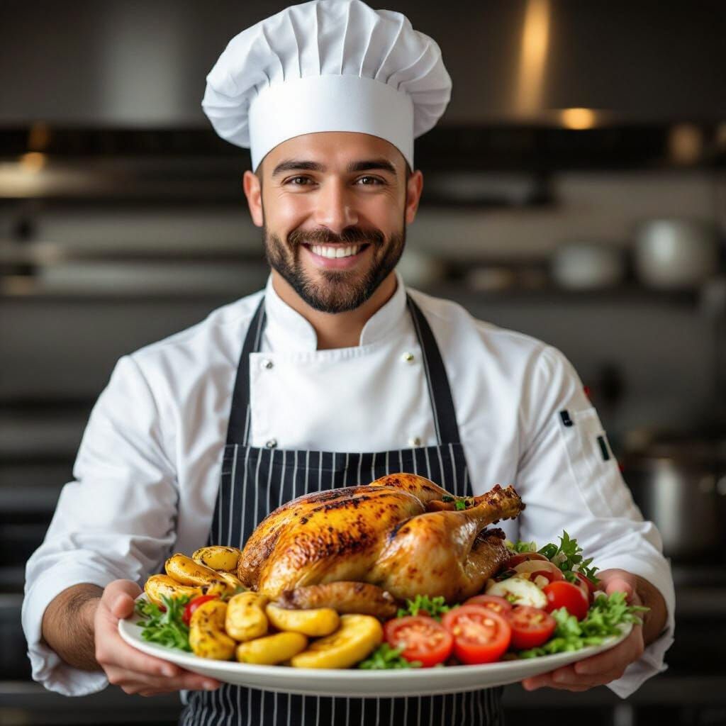 Chef Presents Food Plate in Digital Art Style