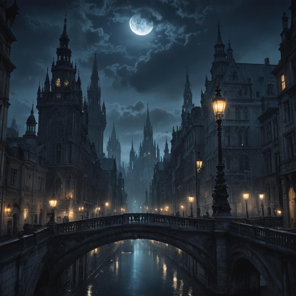 Dreamlike Gothic Cityscape Under Moonlight