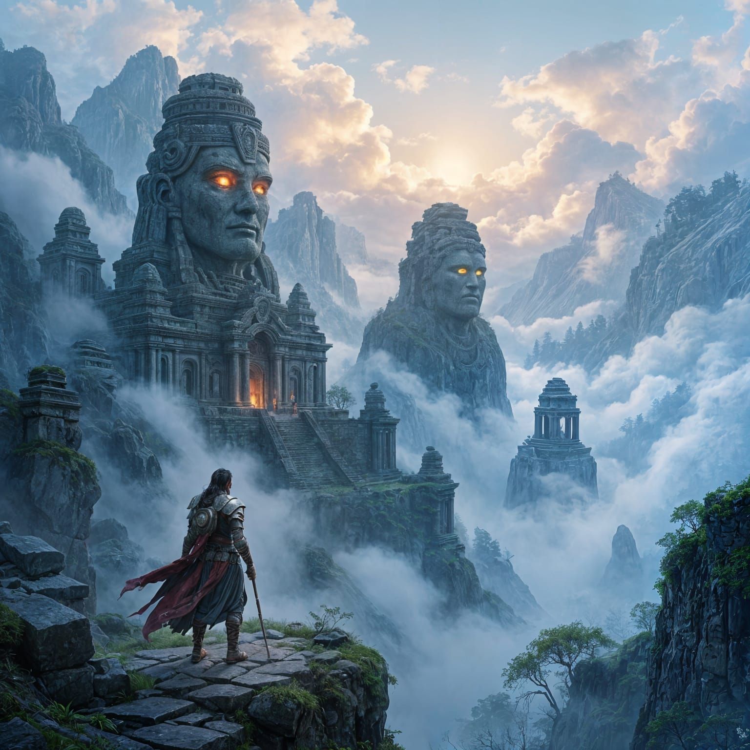 Ancient Temple Guardians Awaken in Mountain Fog