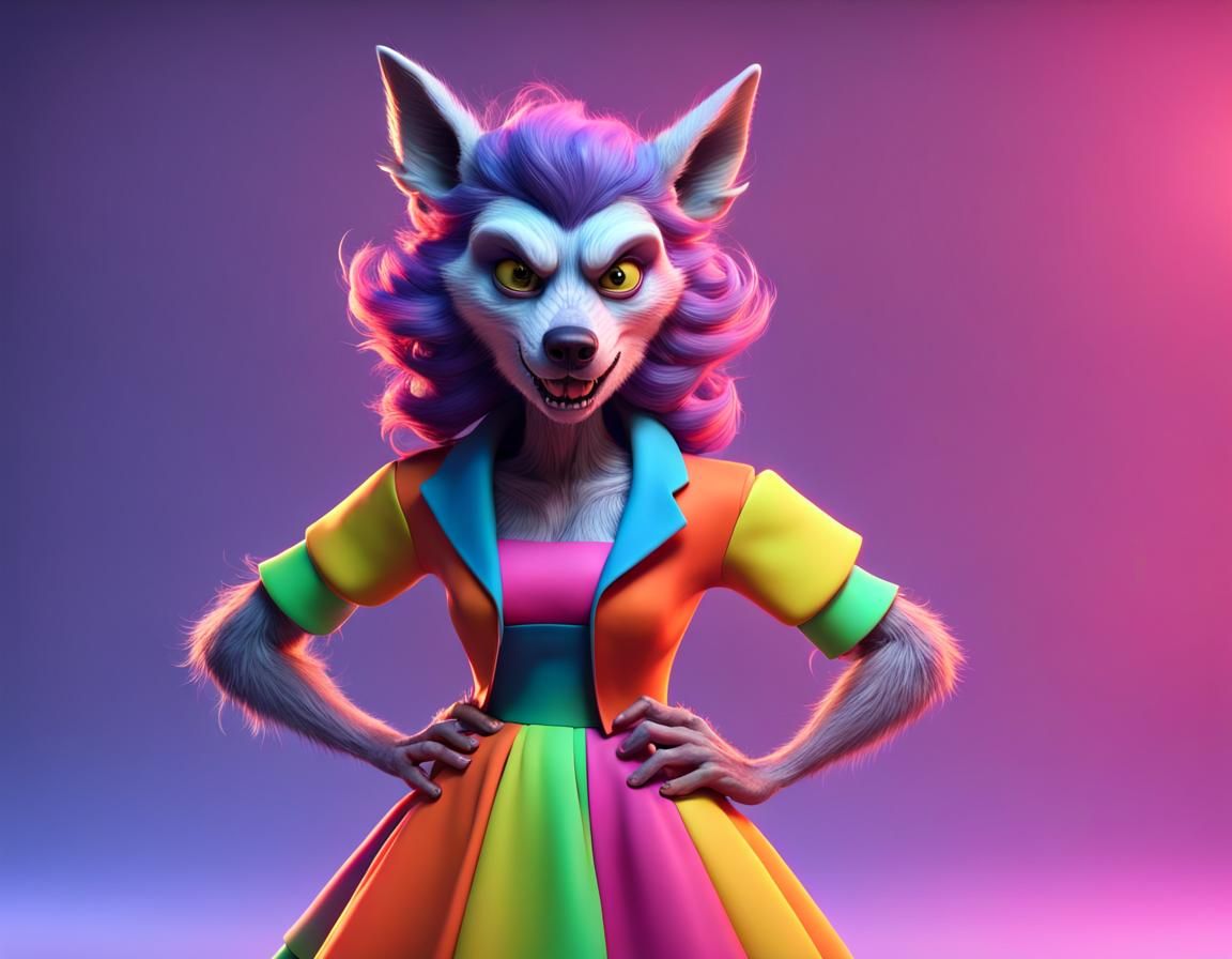 Pixar-Style Werewolf Character in Colorful Dress