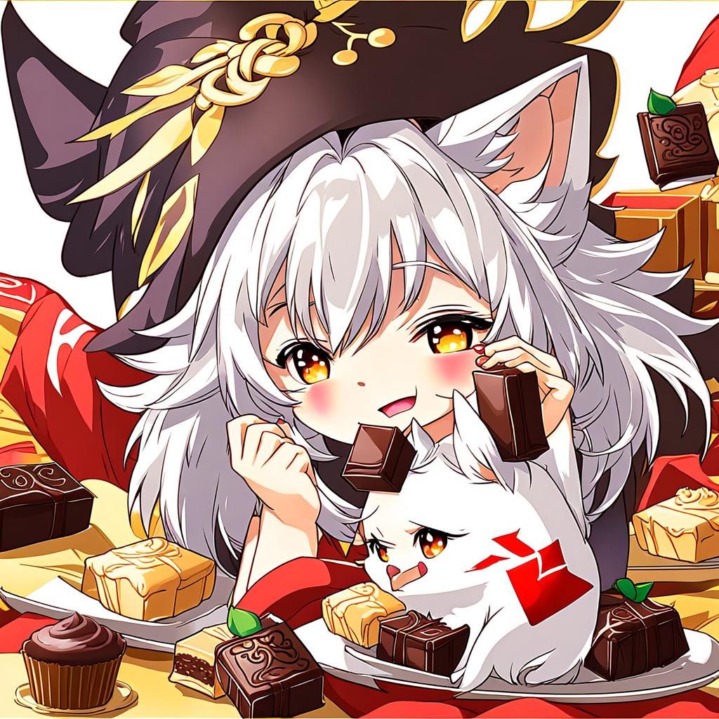 Chibi Wolf Girl Eating Chocolate in Anime Style