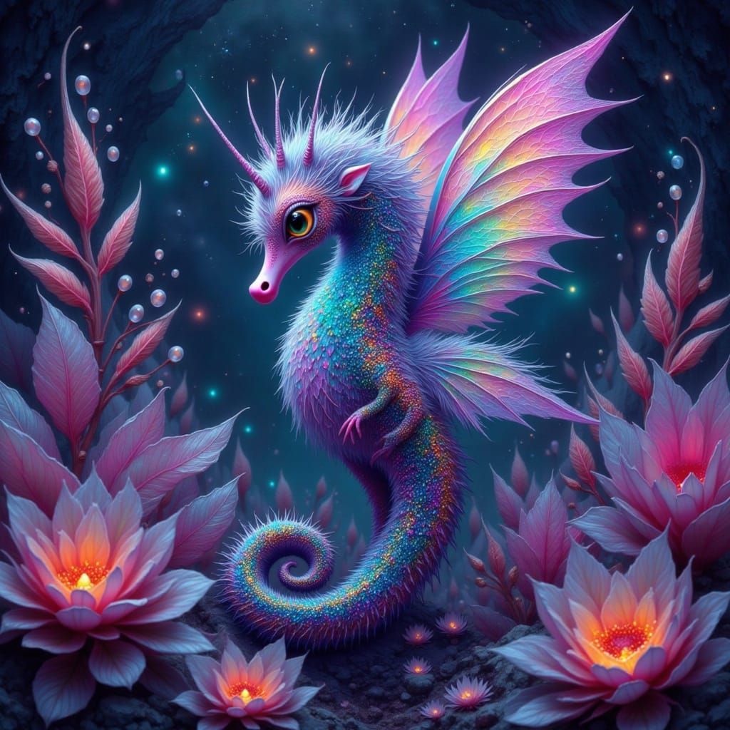 Iridescent Seahorse with Wings in Crystal Cave