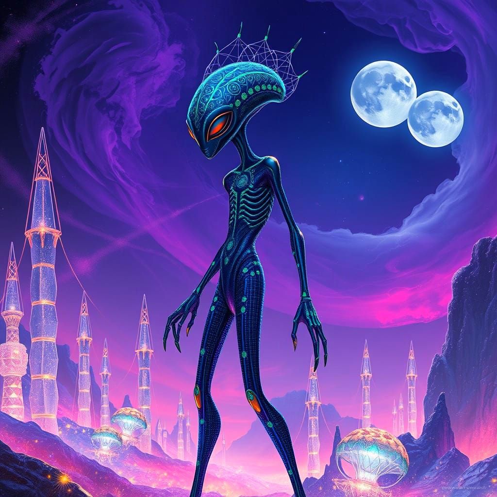 Enigmatic Alien in Iridescent Hues and Celestial Landscape