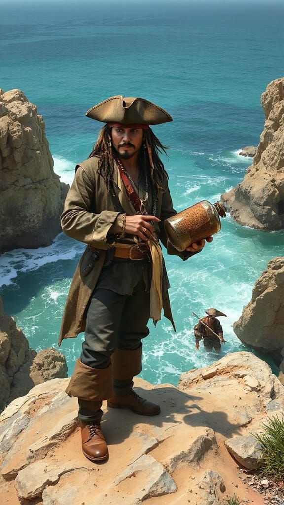 Pirate on Sandy Outcrop, Turquoise Sea