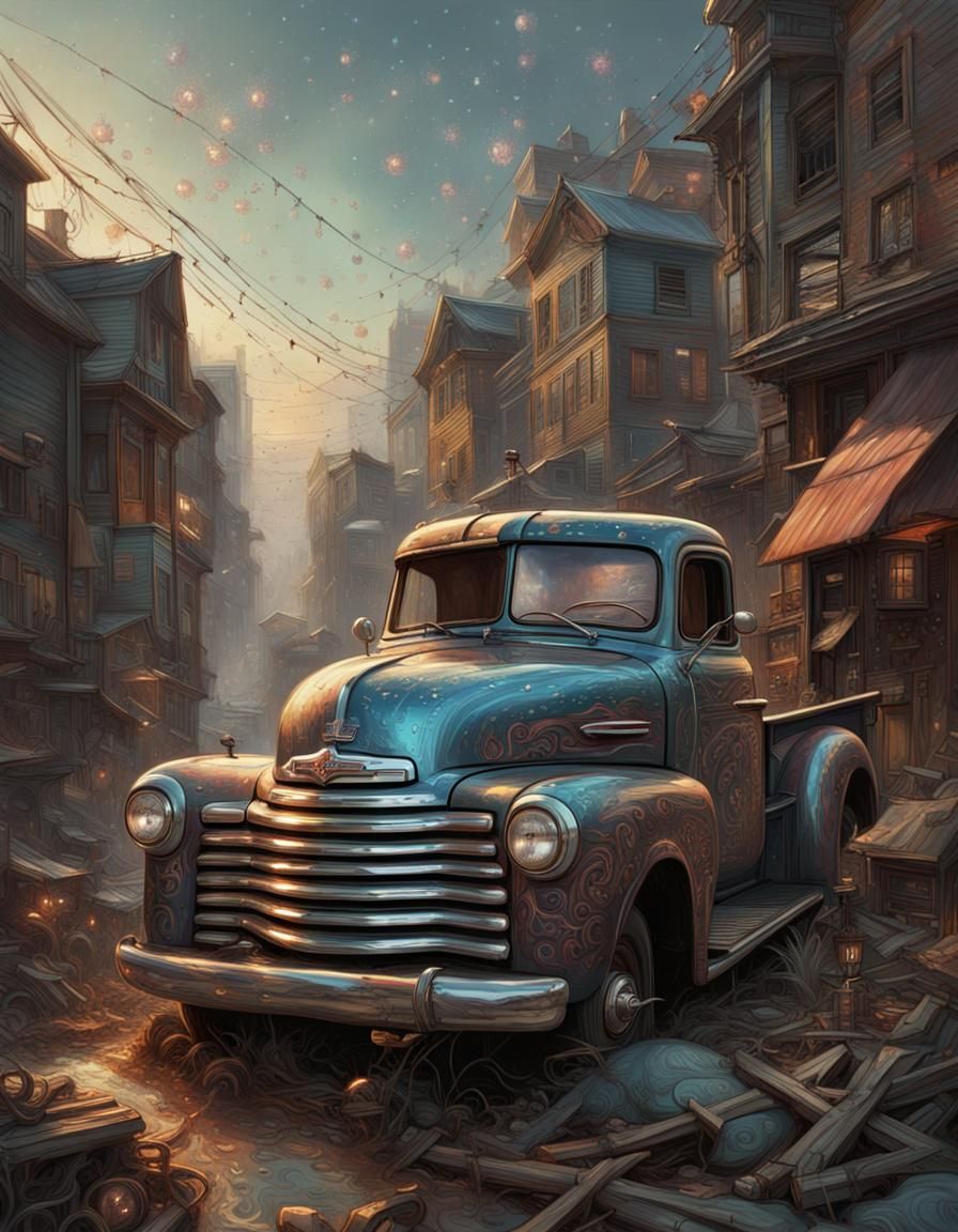 Iridescent Chevy Truck: Hyperdetailed Fantasy Illustration