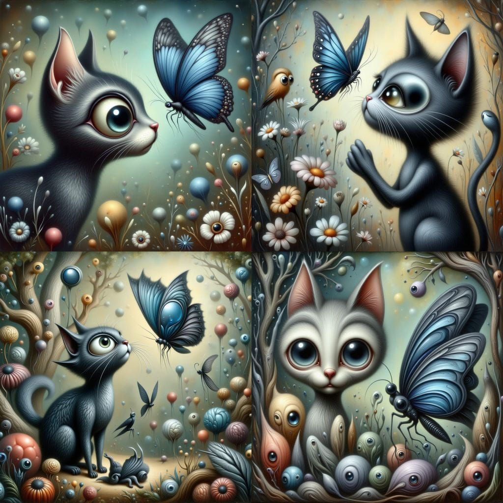 Whimsical Portrait of a Tabby Cat Chasing a Blue Butterfly i...