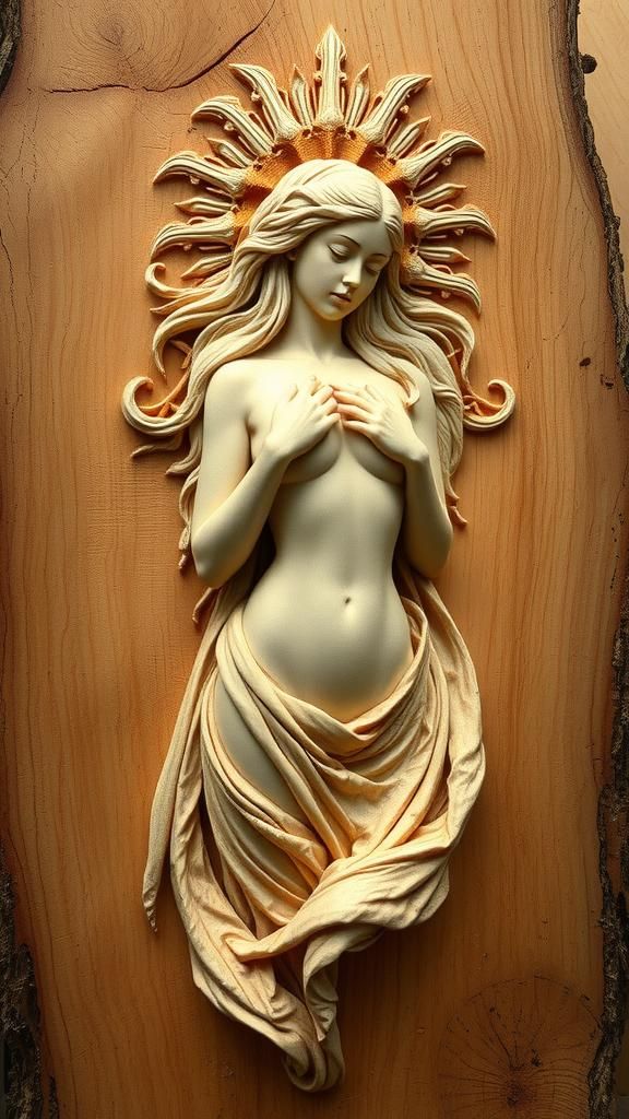 Goddess Emerges: Cedar Wood Carving in Art Nouveau Style