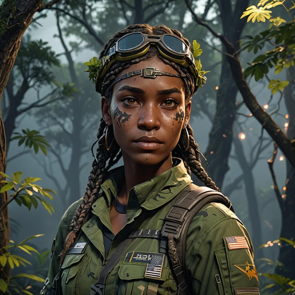 Solarpunk Rebel Recruit in Starry Jungle Night, 3D Render