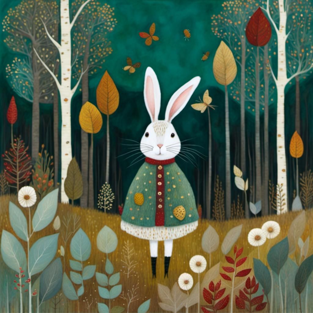 Autumn Rabbit in Forest, Klimt-inspired Collage