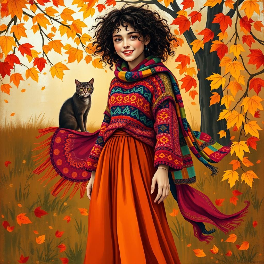 Bohemian Woman in Autumn, Naive Art Style