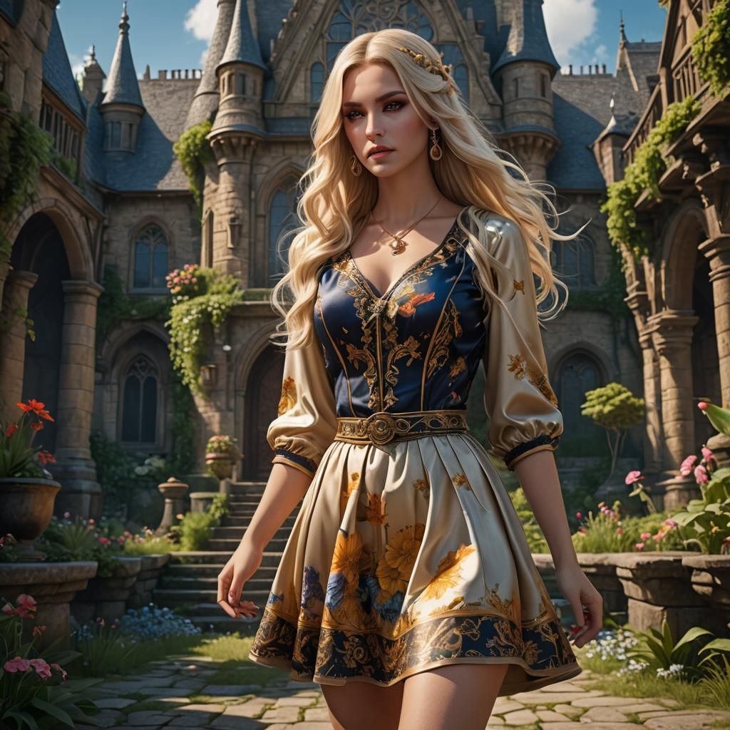 dressed in a summer dress with long blonde hair and heavy ma...