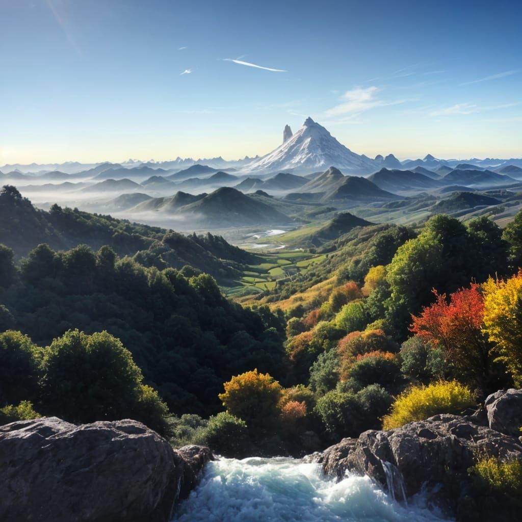 Surreal Mountain Landscape with Floating Trees and Light Cas...