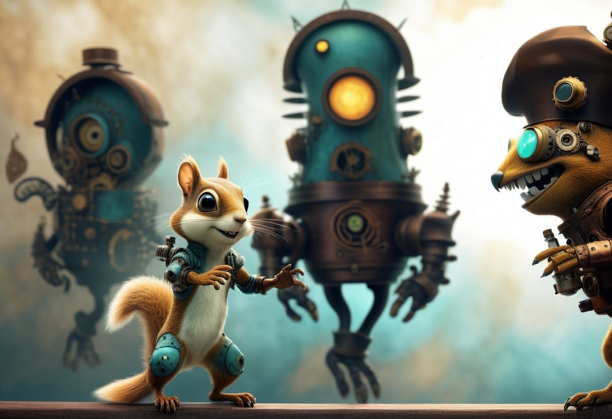 Steampunk Squirrel Biobot and Poltergeist Mischief