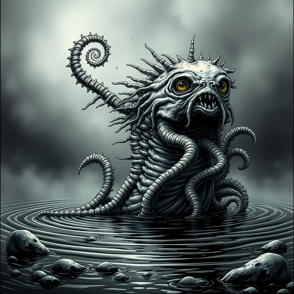 Disturbing Axolotl Emerges from Dark, Misty Lake in Cyberpun...