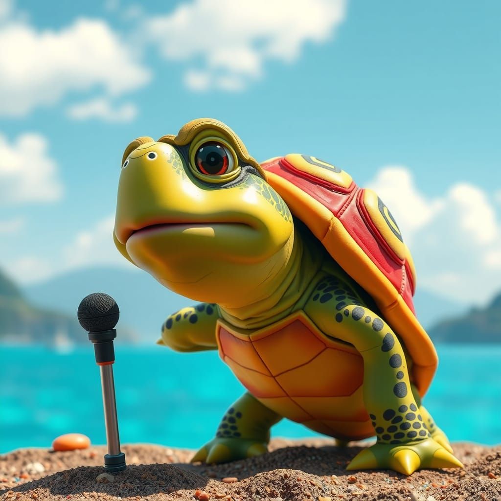 Cute Turtle Singing with Emotions in Pop Art Style